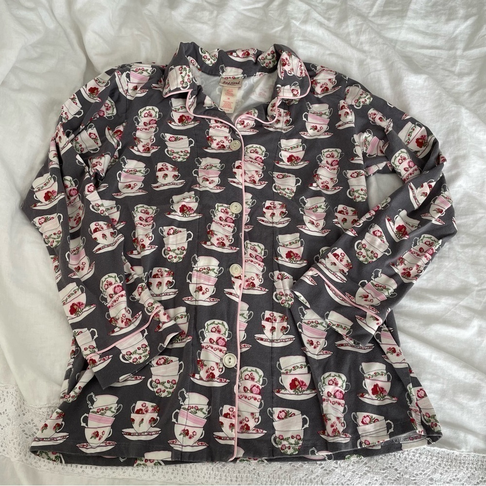 BedHead MEDIUM Cotton Pajama Top tea cups gray pink pajamas top shirt